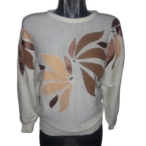 Vintage 90's Editions White Knit Dolman Sleeve Sweater with Floral Design L